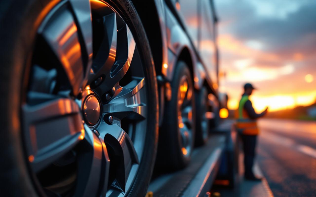 Chauffeur prenant en photo les roues d'une voiture avant transport, gros plan sur jantes et pneus, chauffeur en gilet de sécurité, camion de transport flou en arrière-plan, lumière chaude de coucher de soleil.