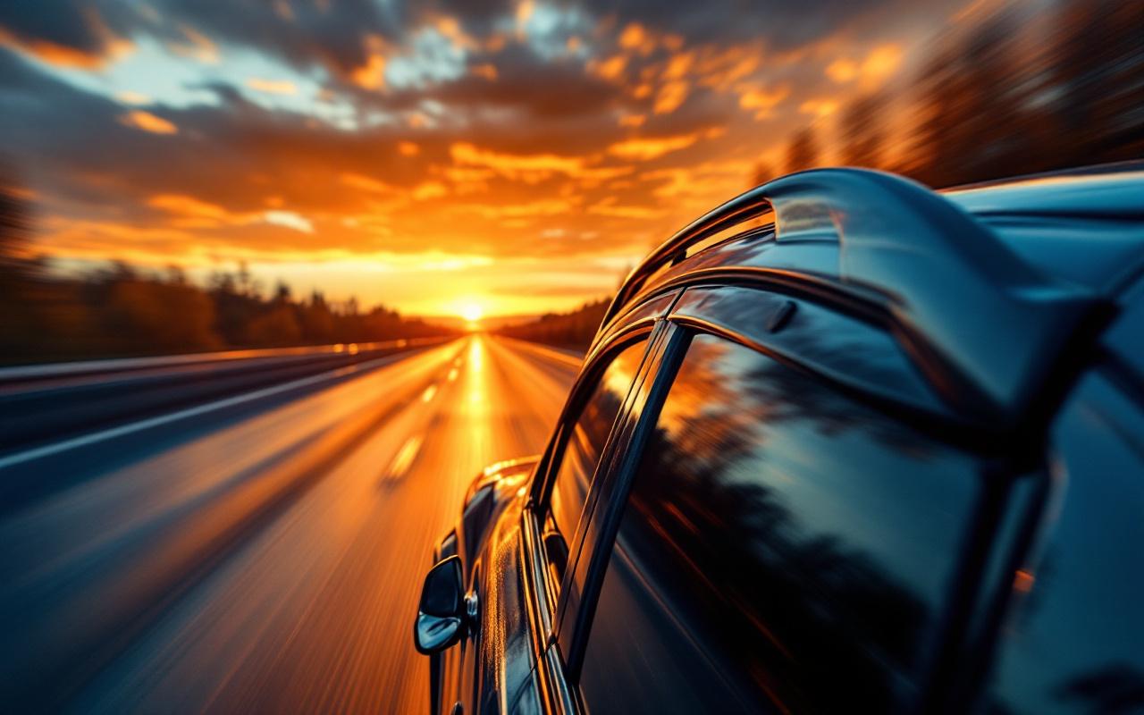Gros plan latéral d'une voiture filant à grande vitesse sur l'autoroute, mettant en valeur des barres de toit aérodynamiques brillantes ; flou de mouvement, reflets sur la chaussée humide et lumière volumétrique chaude du coucher de soleil.