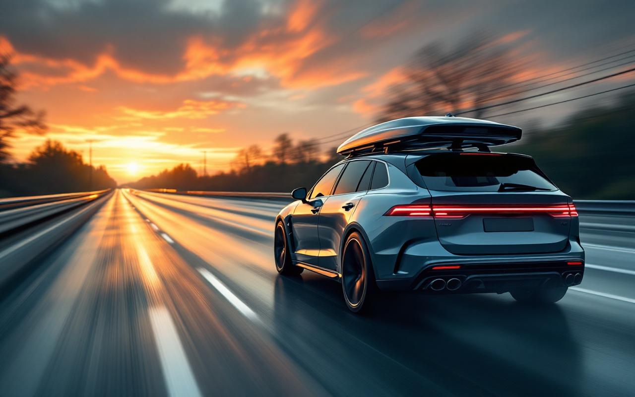 Voiture moderne avec un coffre de toit profilé roulant sur l'autoroute au coucher du soleil, reflets sur l'asphalte humide et lumière volumétrique chaude créant une atmosphère réaliste.