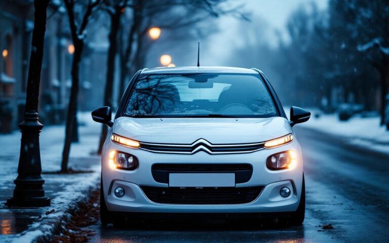 Citroën C3 essence dans une rue urbaine au petit matin, capot fermé, ambiance froide et atmosphère évoquant un problème de démarrage.
