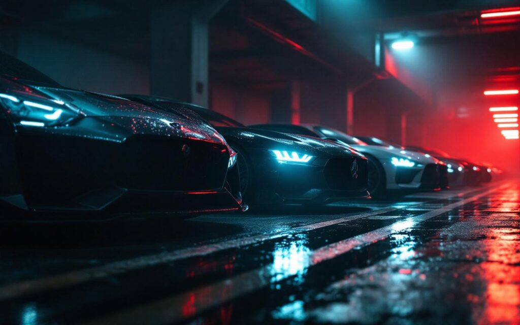 Garage de voitures de luxe la nuit en ville, sols brillants et reflets lumineux sur la carrosserie haut de gamme, ambiance éditoriale automobile.