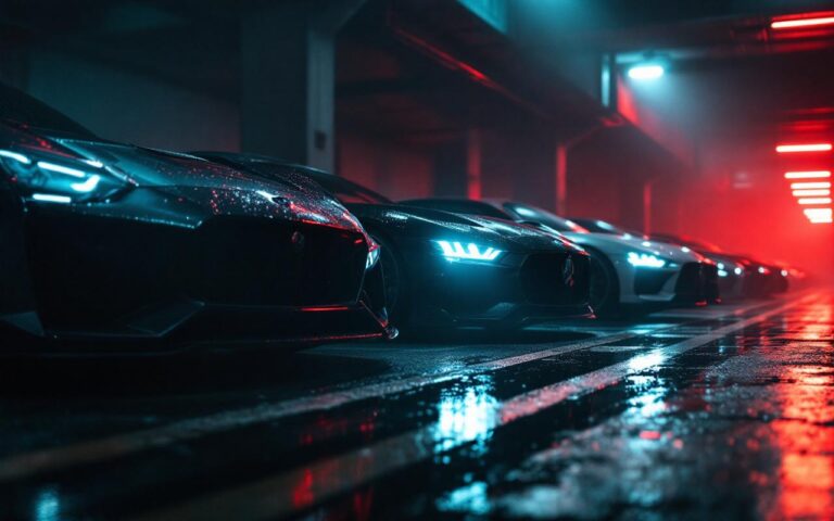 Garage de voitures de luxe la nuit en ville, sols brillants et reflets lumineux sur la carrosserie haut de gamme, ambiance éditoriale automobile.