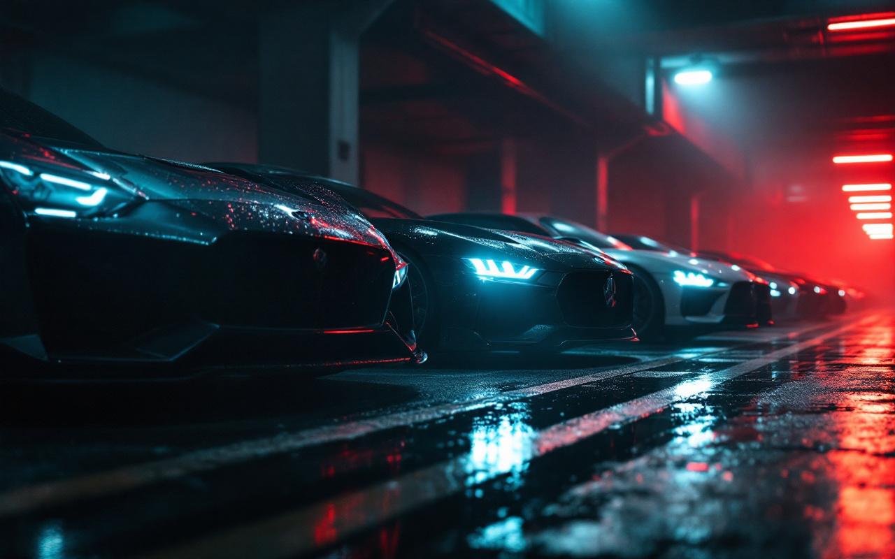 Garage de voitures de luxe la nuit en ville, sols brillants et reflets lumineux sur la carrosserie haut de gamme, ambiance éditoriale automobile.
