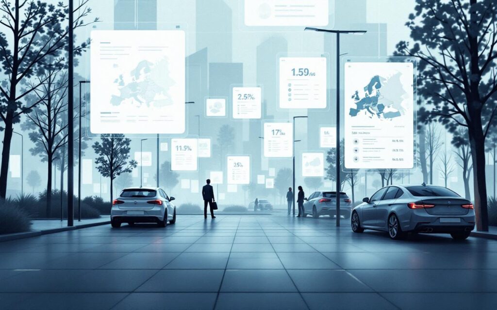 Illustration éditoriale d’une marketplace automobile européenne présentant des annonces de voitures d’occasion et des cartes de pays, avec une ambiance analytique et graphique.