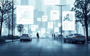 Illustration éditoriale d’une marketplace automobile européenne présentant des annonces de voitures d’occasion et des cartes de pays, avec une ambiance analytique et graphique.