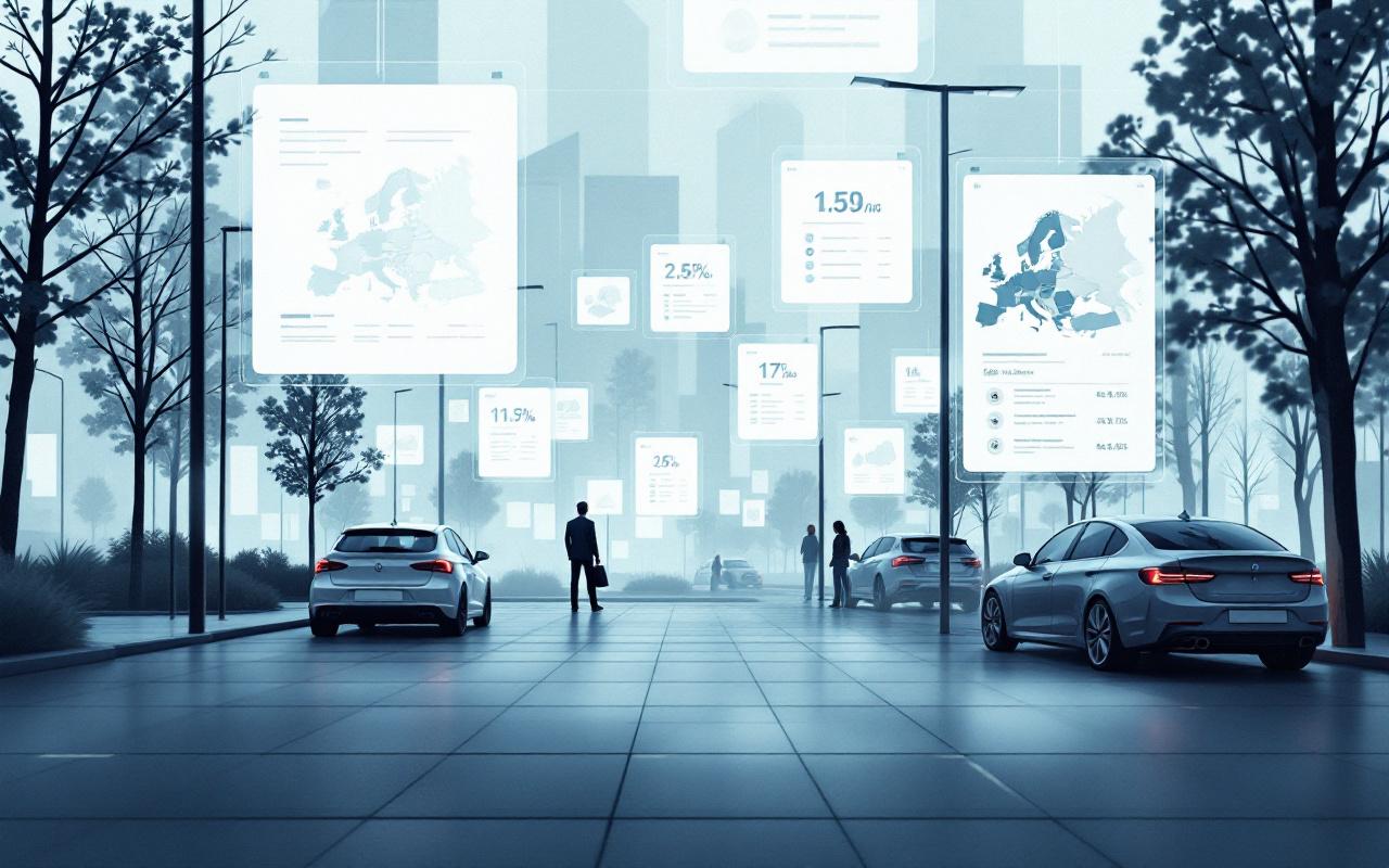 Illustration éditoriale d’une marketplace automobile européenne présentant des annonces de voitures d’occasion et des cartes de pays, avec une ambiance analytique et graphique.