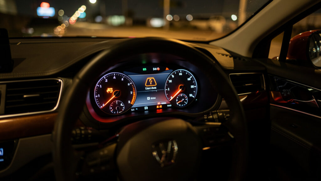 Vue rapprochée du tableau de bord moderne d’une voiture, avec un voyant moteur orange allumé et des indicateurs d’alerte lumineux, dans l’habitacle éclairé de nuit.