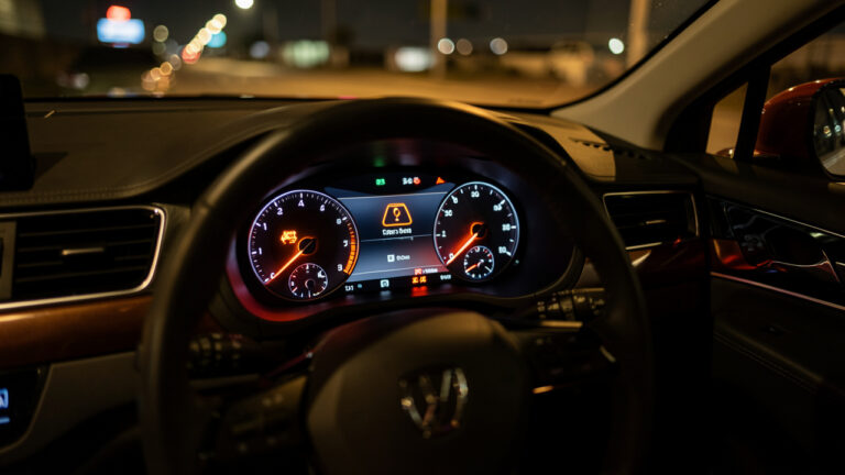 Vue rapprochée du tableau de bord moderne d’une voiture, avec un voyant moteur orange allumé et des indicateurs d’alerte lumineux, dans l’habitacle éclairé de nuit.