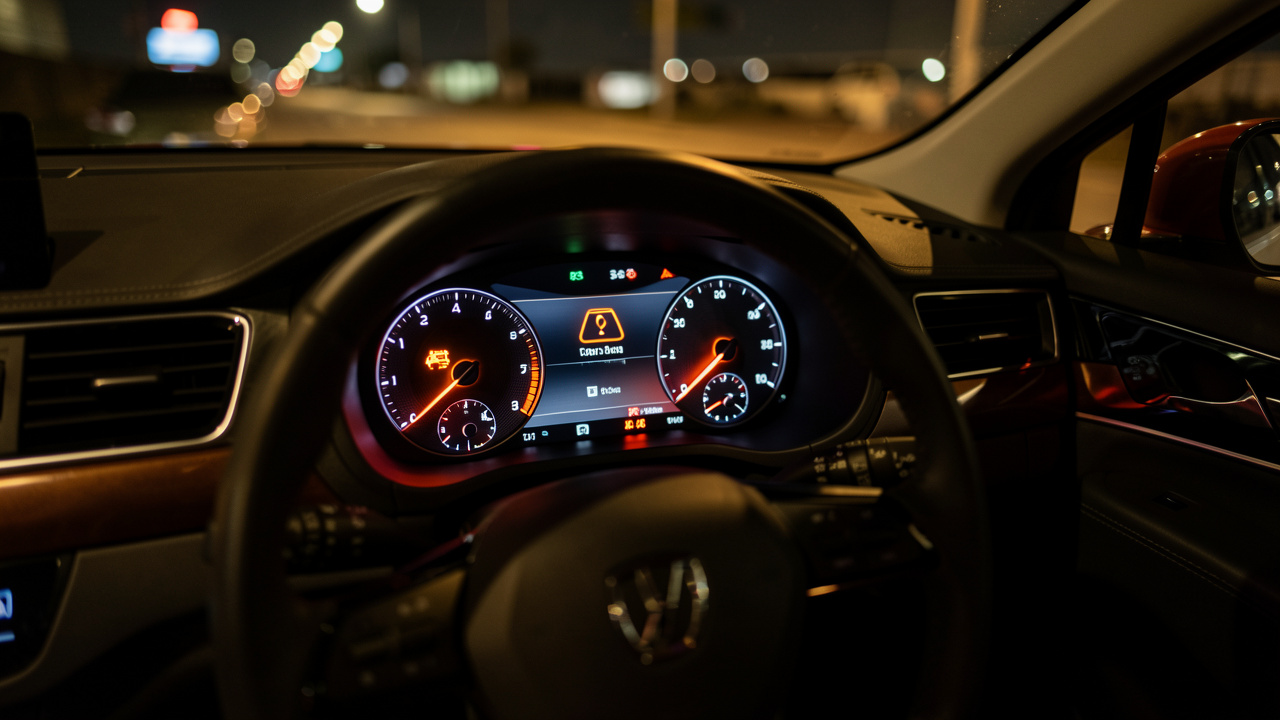Vue rapprochée du tableau de bord moderne d’une voiture, avec un voyant moteur orange allumé et des indicateurs d’alerte lumineux, dans l’habitacle éclairé de nuit.