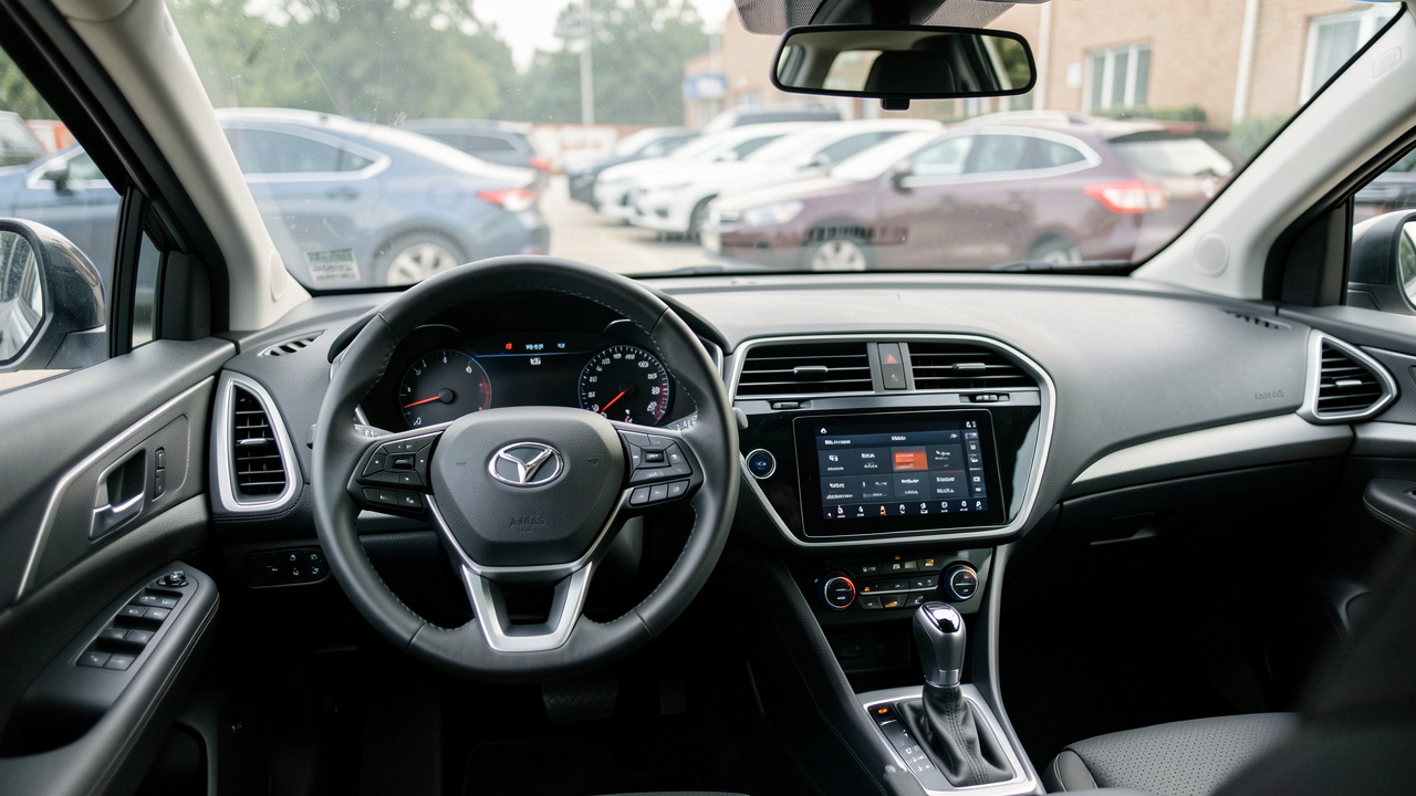 Vue intérieure d’une voiture d’auto-école, avec le tableau de bord et le volant visibles, ambiance réaliste d’examen du permis de conduire en 2026.