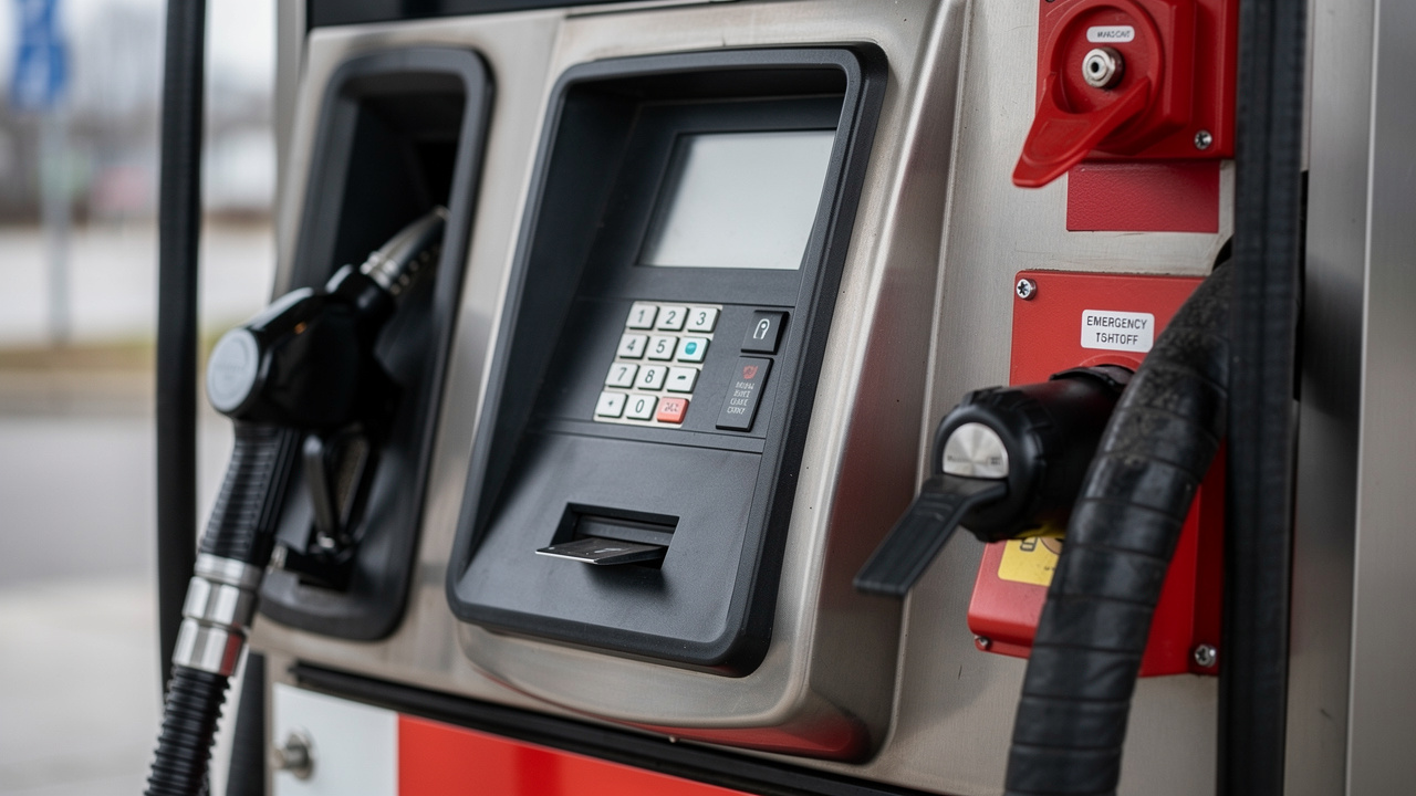 Gros plan sur un distributeur de carburant avec un automate, le pistolet de remplissage et des équipements de sécurité visibles.