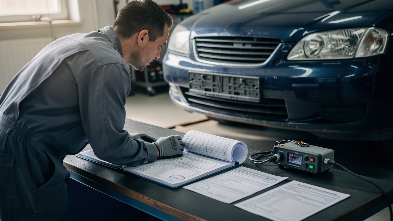 Inspection d’une voiture d’occasion sur un bureau, avec documents administratifs ouverts et contrôle technique réalisé en lumière naturelle.