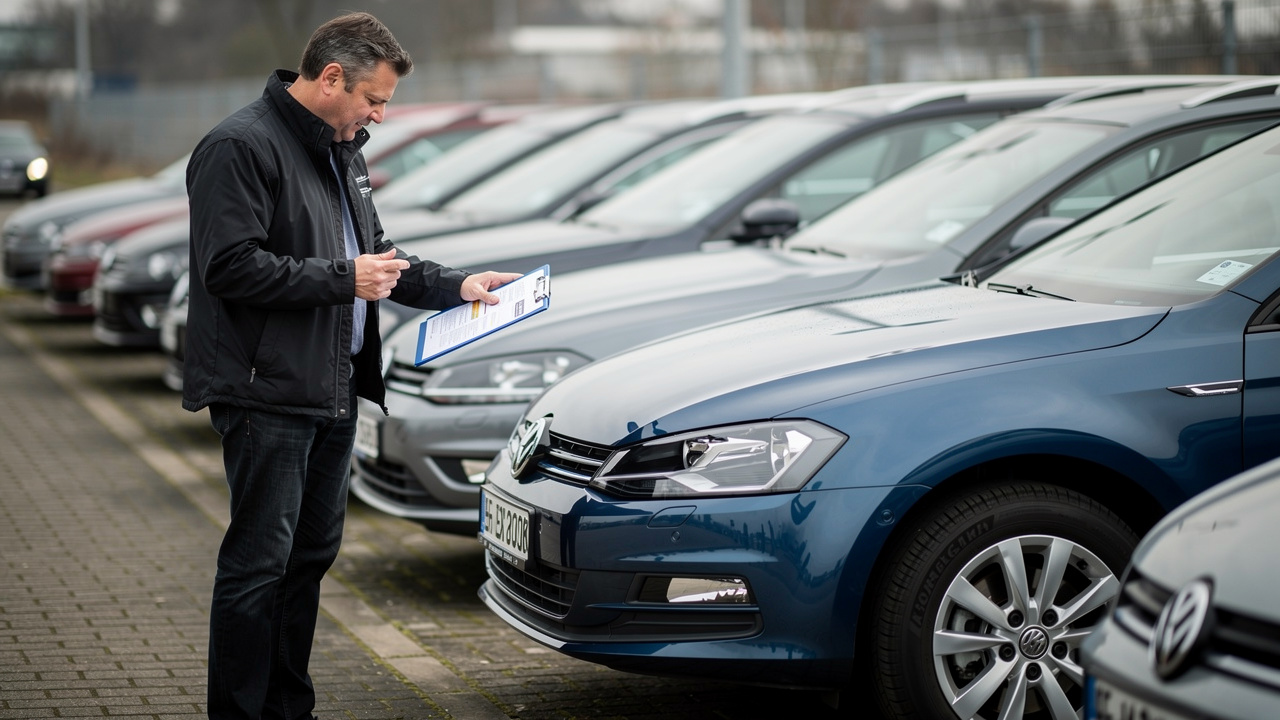 Un homme compare des caractéristiques de voitures sur un parc automobile en Allemagne, avant l’importation vers la France.