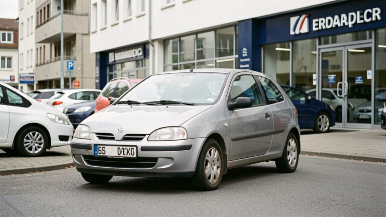 Voiture d’occasion stationnée devant un concessionnaire européen, dans une ambiance urbaine sobre et réaliste.