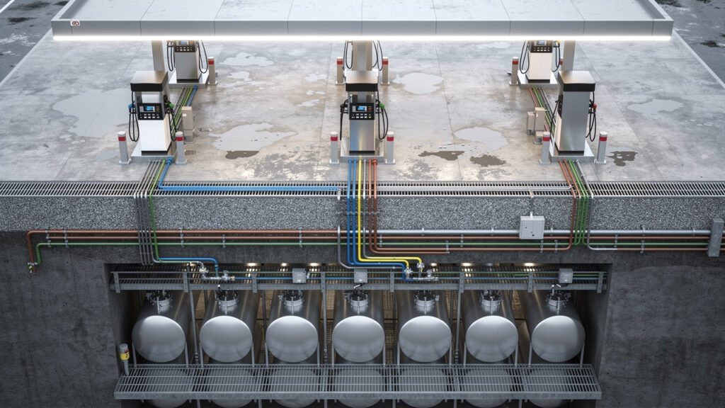 Vue technique d’une station-service moderne montrant les cuves souterraines, les pompes et les îlots de distribution, dans un aménagement industriel détaillé.