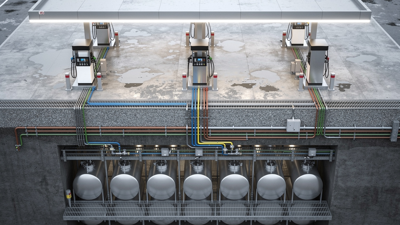 Vue technique d’une station-service moderne montrant les cuves souterraines, les pompes et les îlots de distribution, dans un aménagement industriel détaillé.