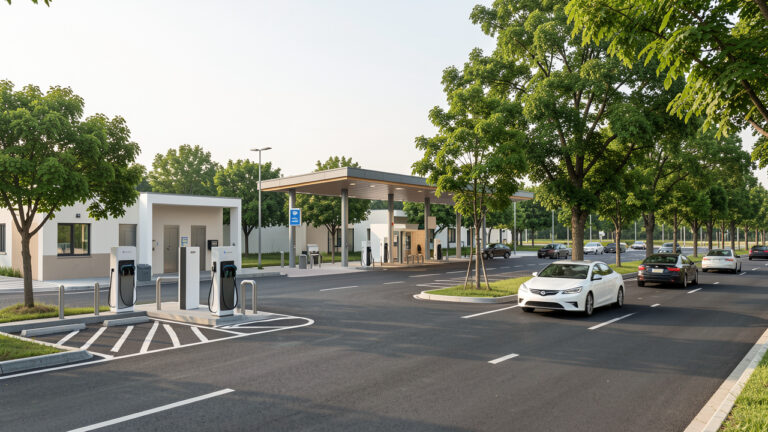 Aire de services routière moderne avec parking, bornes de recharge, sanitaires contemporains, arbres matures et voitures en circulation.