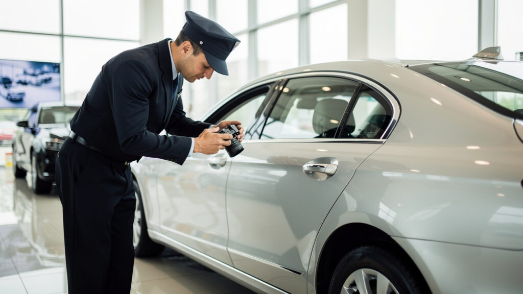 Un chauffeur professionnel examine attentivement la carrosserie d'une berline argentée et la photographie dans une concession automobile.