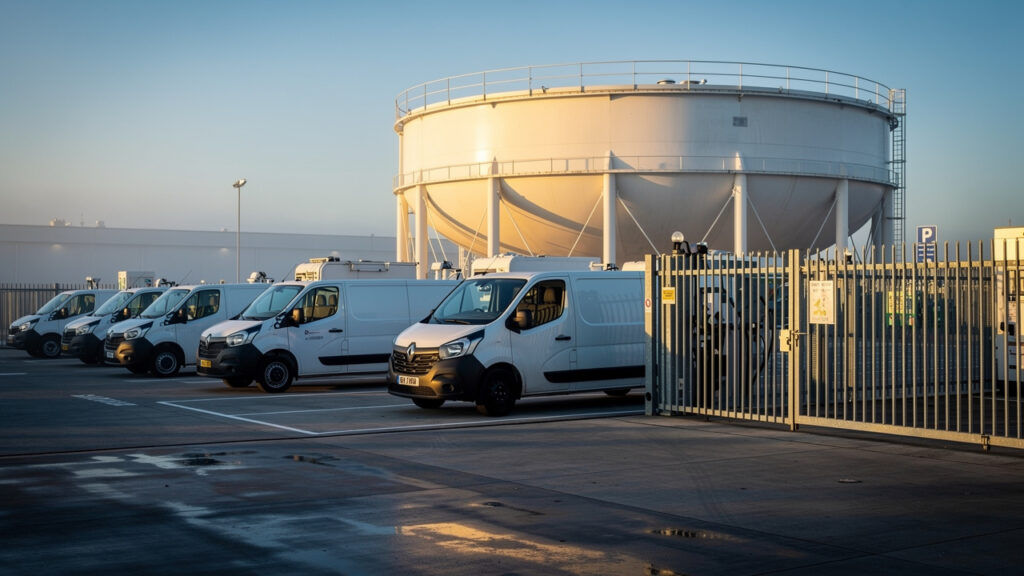 Dépôt professionnel au petit matin avec des camionnettes et des poids lourds ravitaillant une station carburant privative près d’une cuve aérienne sécurisée.