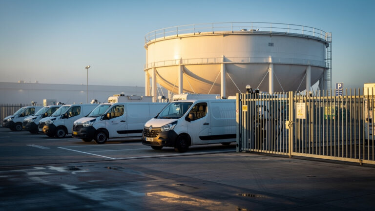 Dépôt professionnel au petit matin avec des camionnettes et des poids lourds ravitaillant une station carburant privative près d’une cuve aérienne sécurisée.