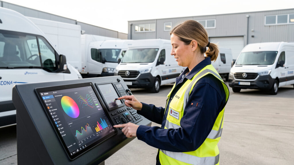 Une gestionnaire de flotte examine un tableau de bord visuel devant plusieurs véhicules professionnels modernes dans un dépôt lumineux.