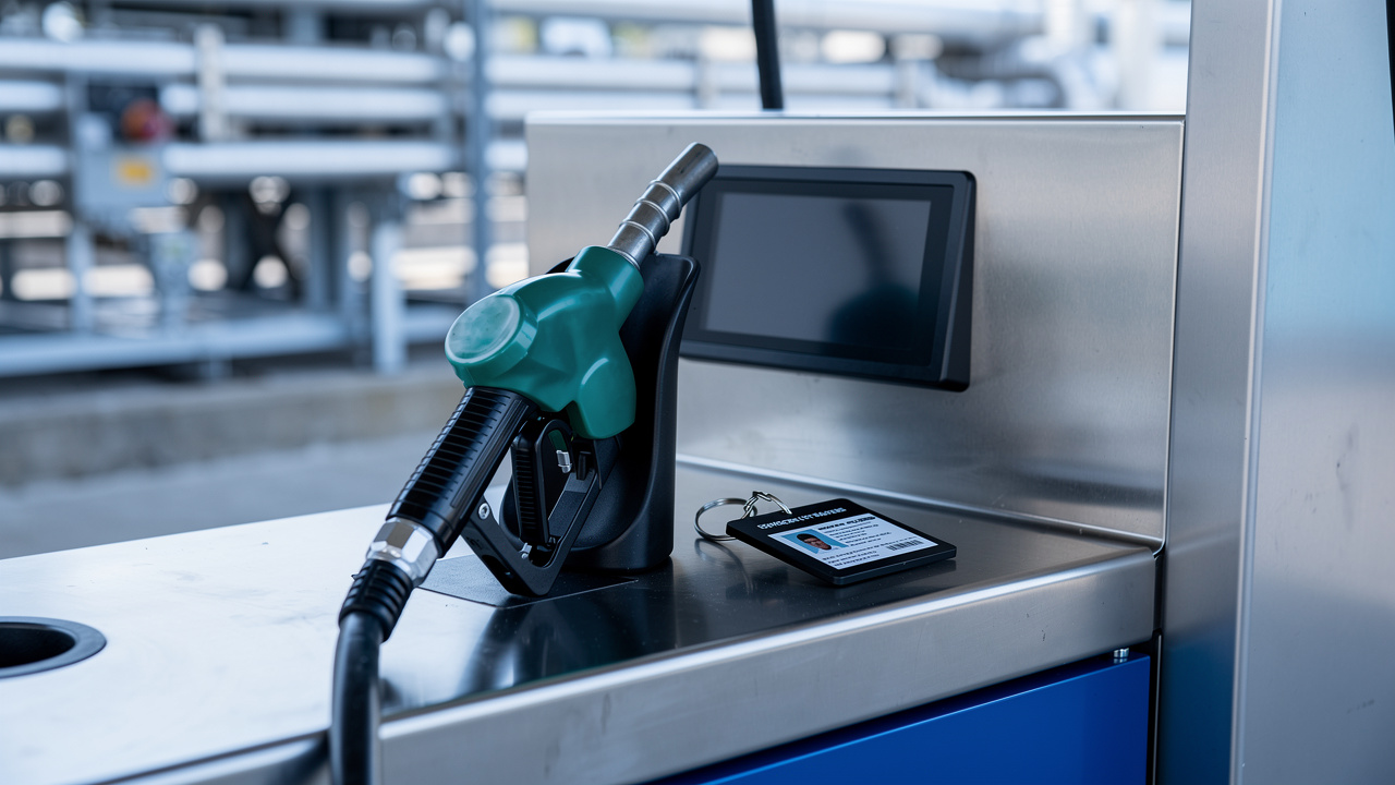 Gros plan réaliste sur un automate professionnel de distribution de carburant diesel, avec badge conducteur, pistolet de remplissage et écran sombre à éclairage abstrait.