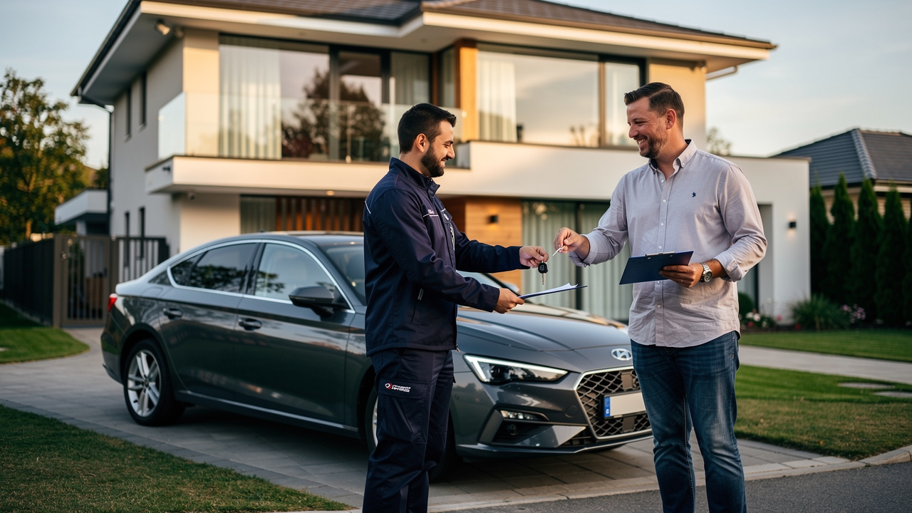 Un chauffeur remet les clés et un document vierge de réception au propriétaire d'une voiture récente devant une maison.