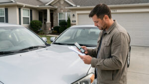 Un homme inspecte attentivement une voiture d’occasion devant une maison, avec des documents vierges et un smartphone en main.
