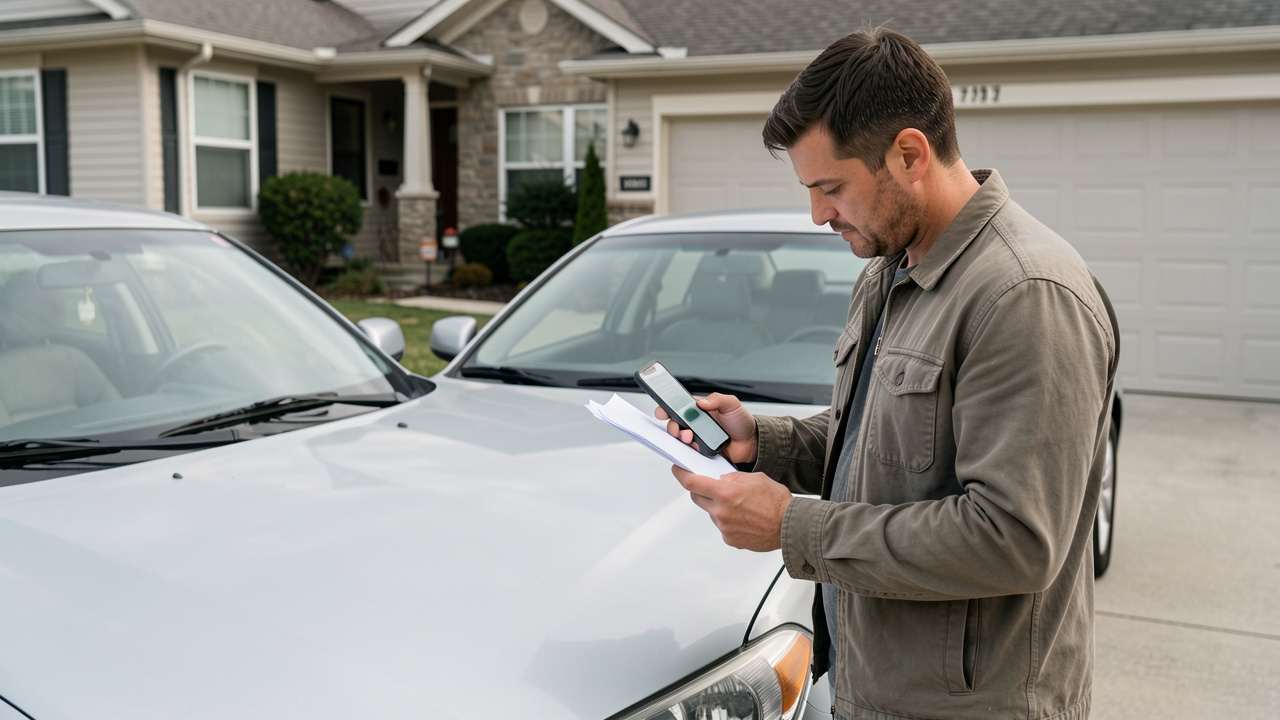 Un homme inspecte attentivement une voiture d’occasion devant une maison, avec des documents vierges et un smartphone en main.