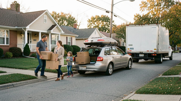 Une famille transporte des cartons devant une maison, près d’une voiture chargée et d’un camion de déménagement prêt à partir.
