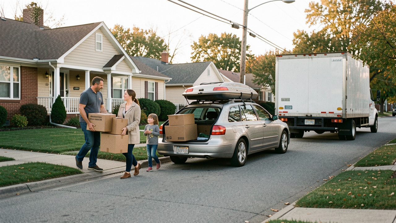 Une famille transporte des cartons devant une maison, près d’une voiture chargée et d’un camion de déménagement prêt à partir.