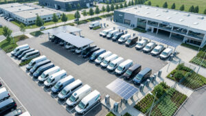 Vue aérienne d’un parc moderne de véhicules professionnels avec des bornes de recharge électrique, des auvents solaires et un bâtiment de gestion.