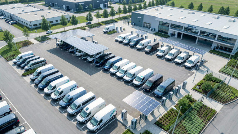 Vue aérienne d’un parc moderne de véhicules professionnels avec des bornes de recharge électrique, des auvents solaires et un bâtiment de gestion.