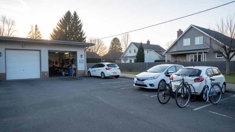 Garage automobile avec une place vide, une berline de transport avec chauffeur, une petite voiture de location et deux vélos illustrant différentes options de déplacement.