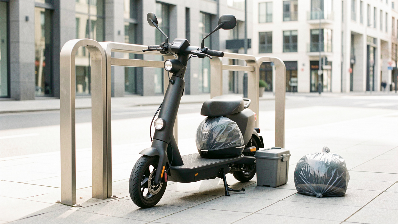 Scooter compact garé sur un emplacement extérieur sécurisé dans une rue urbaine, avec un casque et une housse de protection, évoquant un trajet quotidien vers le travail.