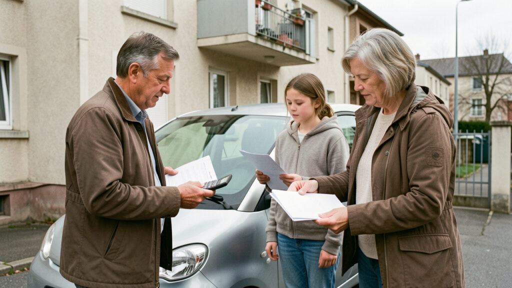 Une famille française examine calmement le budget automobile près d’une petite voiture électrique compacte garée devant un immeuble résidentiel.