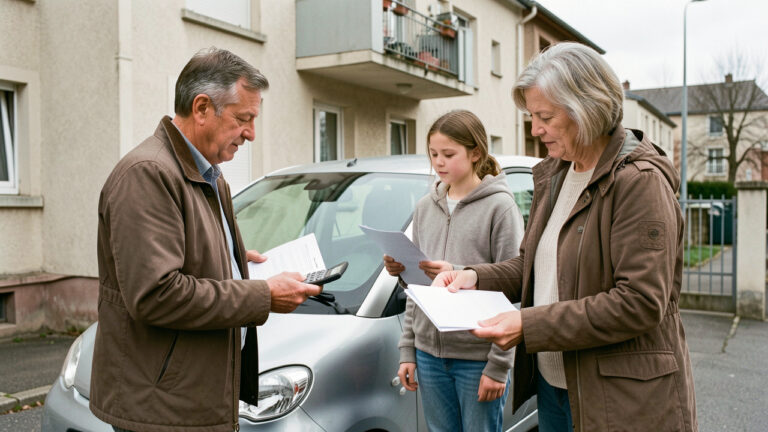 Une famille française examine calmement le budget automobile près d’une petite voiture électrique compacte garée devant un immeuble résidentiel.