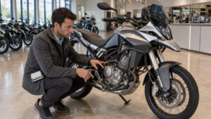Un journaliste moto examine les détails du moteur et de l’écran TFT d’un trail chinois moderne dans une concession française.